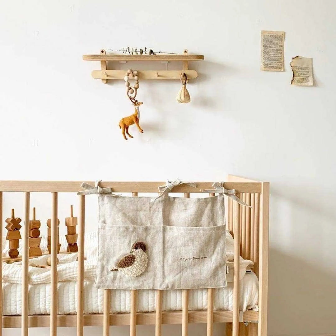 Khaki cotton linen bedside hanging storage bag with a single A pocket compartment.