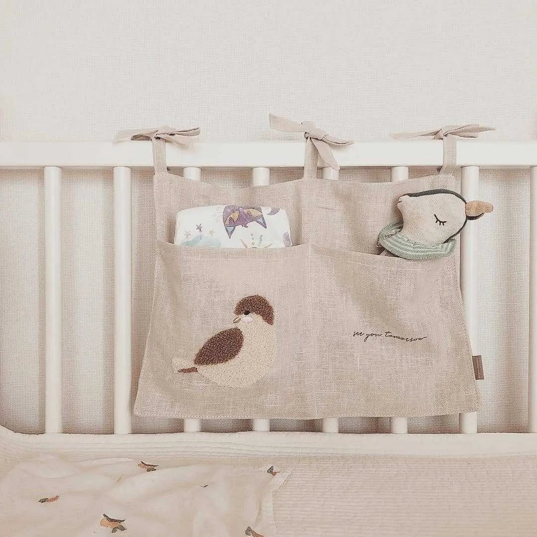 Khaki cotton linen bedside hanging storage bag with a single A pocket compartment.