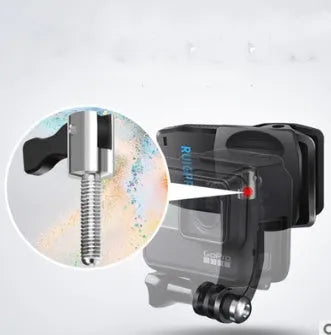 Silver and black action camera backpack clip mount with 360-degree rotating head on a backpack strap.