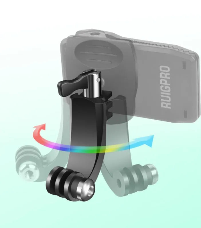 Silver and black action camera backpack clip mount with 360-degree rotating head on a backpack strap.