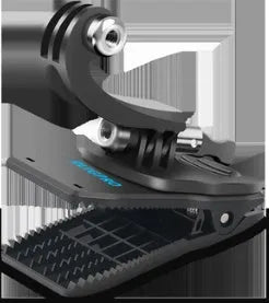 Silver and black action camera backpack clip mount with 360-degree rotating head on a backpack strap.