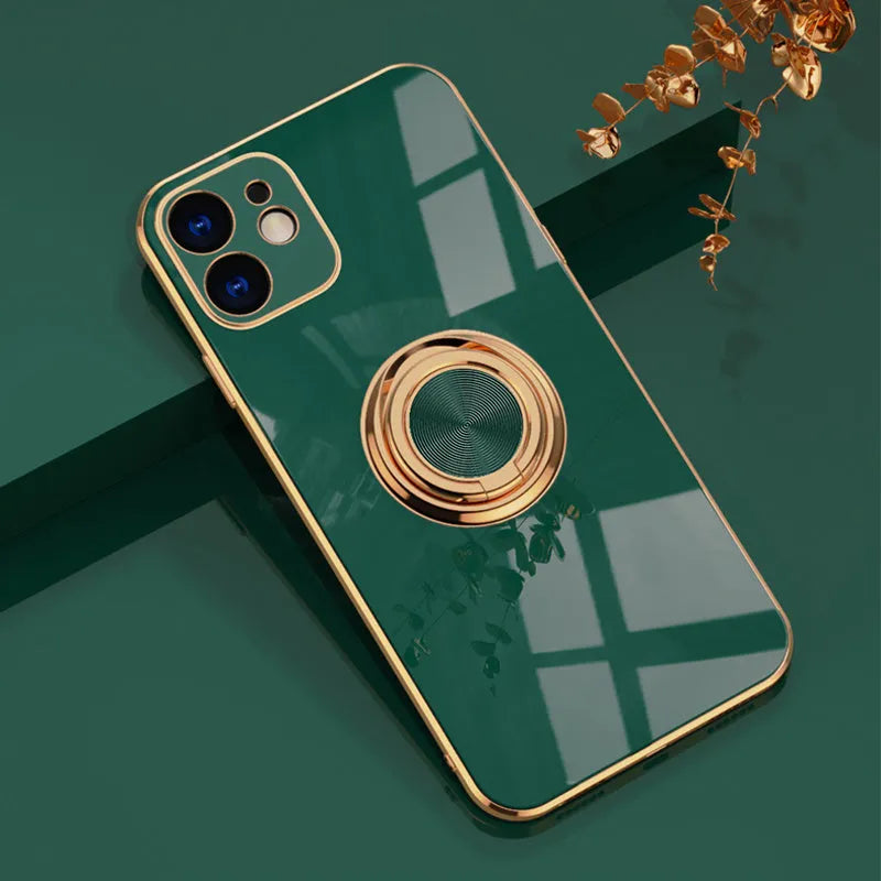 Electroplating magnetic mobile phone case for iPhone in solid colours including black, grey, and rose gold.
