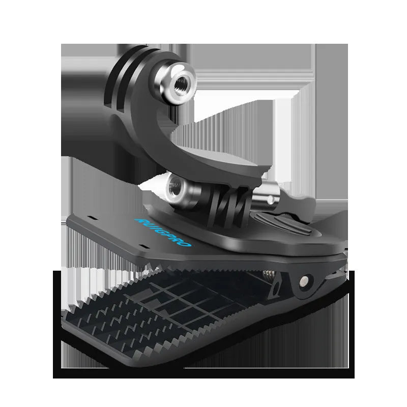 Silver and black action camera backpack clip mount with 360-degree rotating head on a backpack strap.