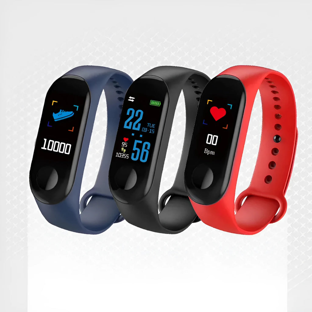 M3 smart bracelet with colour screen showing heart rate and step count data on wrist