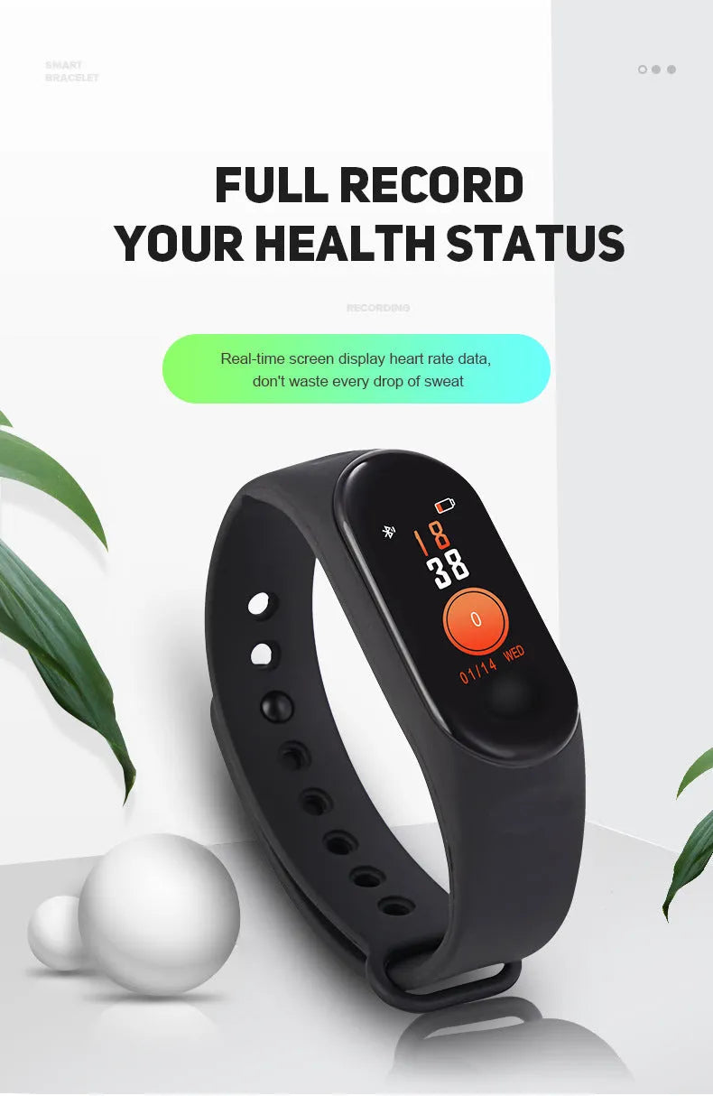 M3 smart bracelet with colour screen showing heart rate and step count data on wrist