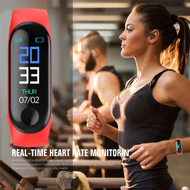 M3 smart bracelet with colour screen showing heart rate and step count data on wrist