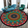 Round national style polyester rug in a choice of seven colours, shown in a living room setting.