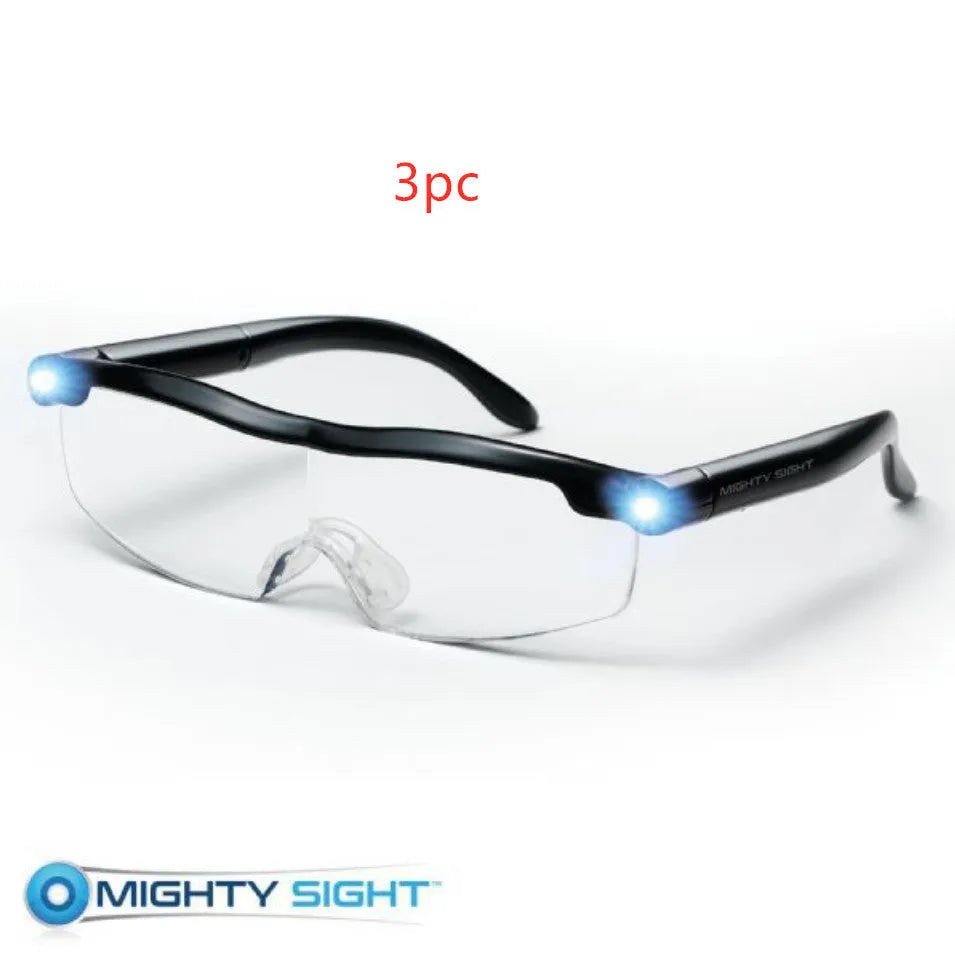 Transparent frame reading glasses with built-in USB rechargeable LED light on transparent black background