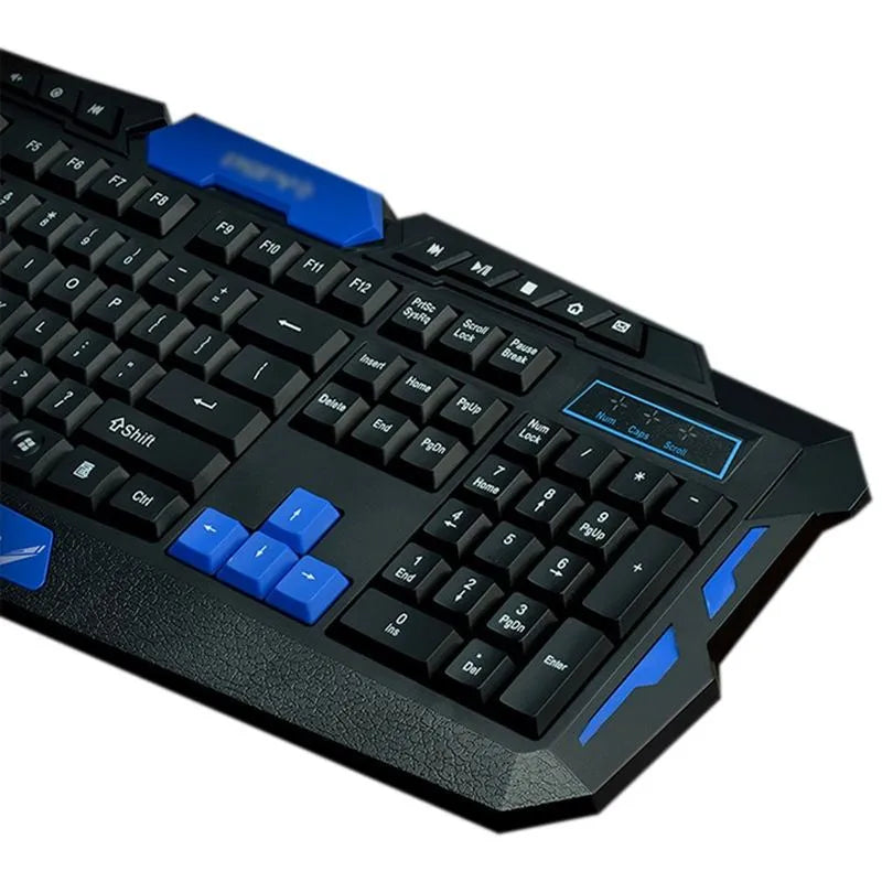 Black and blue wireless keyboard and mouse set on desk showing waterproof design