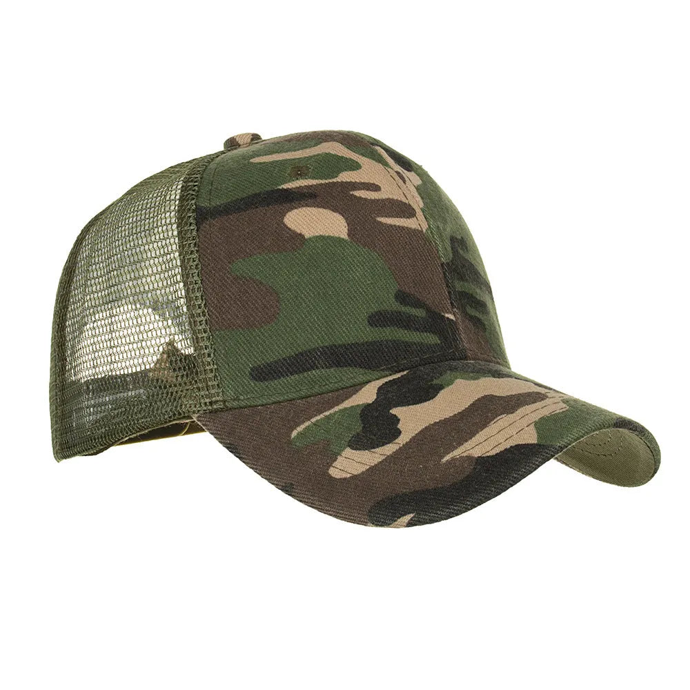 Cotton camouflage mesh baseball cap for men with lengthened brim in Army Green