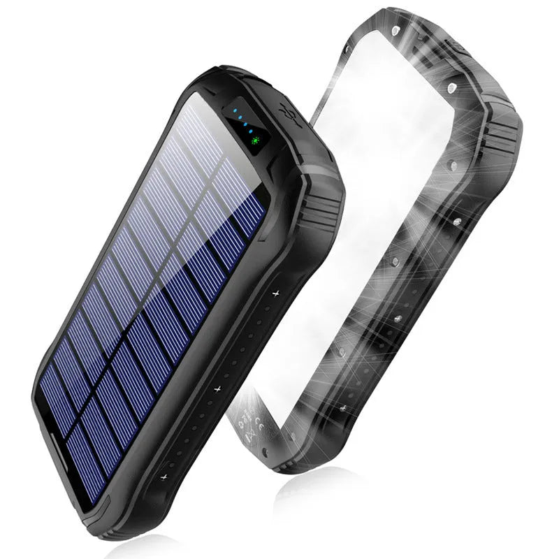 Orange solar power bank with LED camping light showing dimensions and charging ports