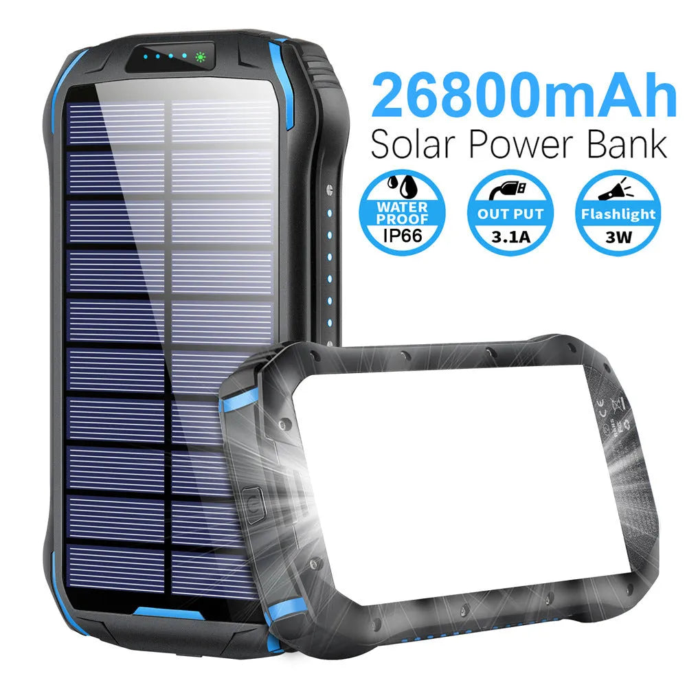 Orange solar power bank with LED camping light showing dimensions and charging ports