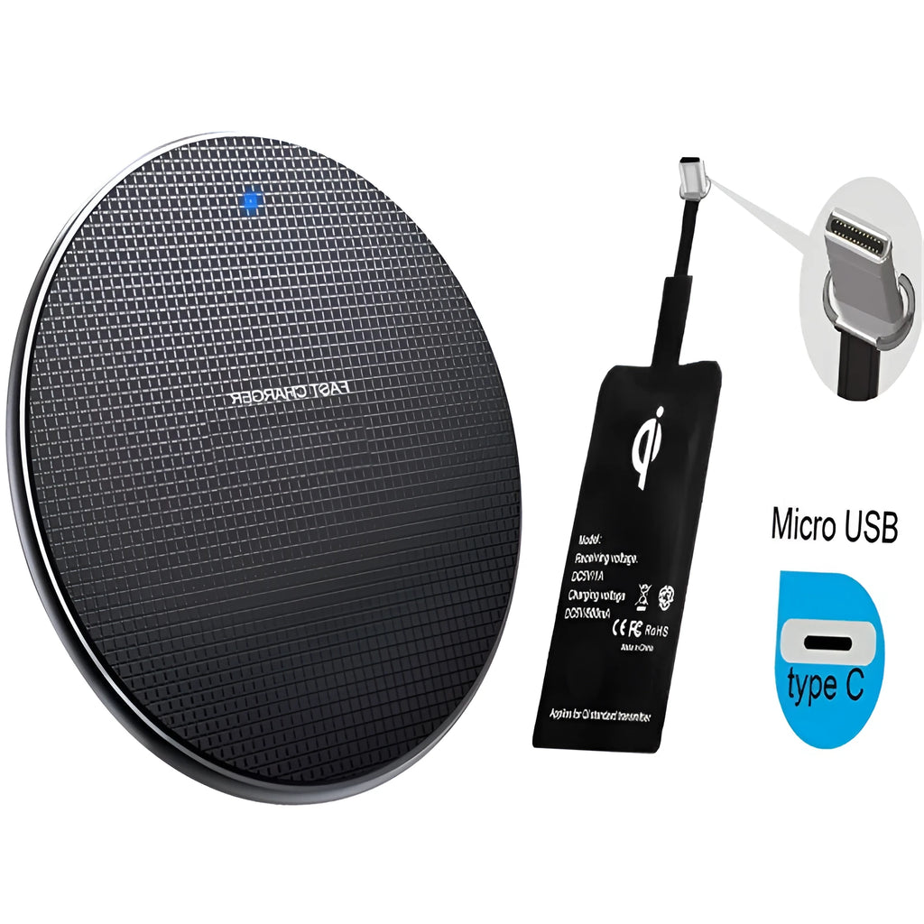 Round aluminium alloy 10W wireless phone charging pad with Qi receiver in black or grey.