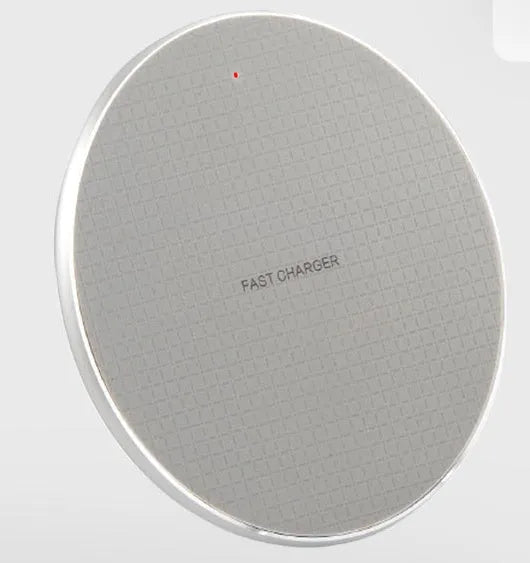 Round aluminium alloy 10W wireless phone charging pad with Qi receiver in black or grey.