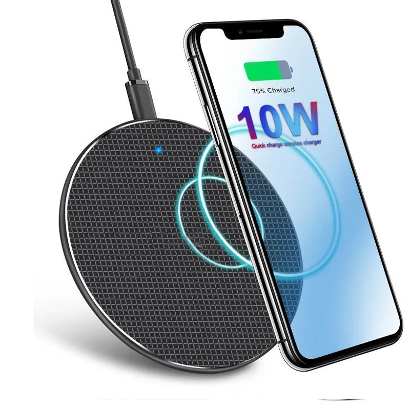Round aluminium alloy 10W wireless phone charging pad with Qi receiver in black or grey.