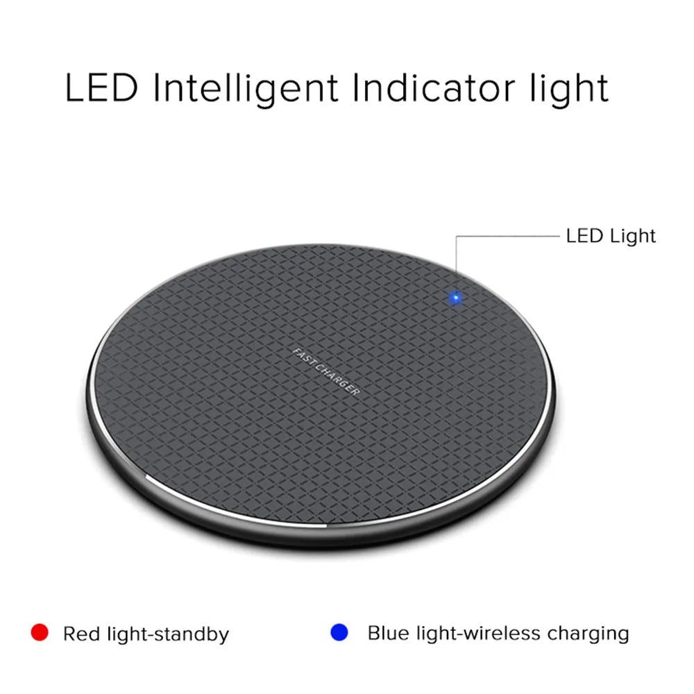 Round aluminium alloy 10W wireless phone charging pad with Qi receiver in black or grey.