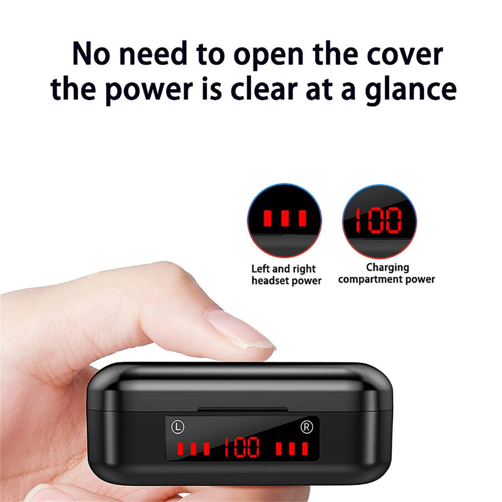 V7 LED version true wireless stereo Bluetooth earphones with charging case and silicone ear caps.