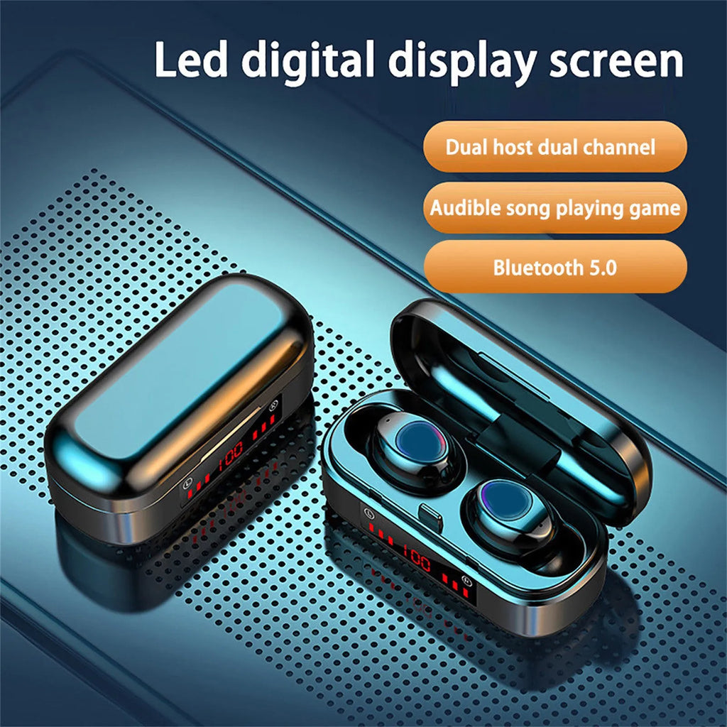 V7 LED version true wireless stereo Bluetooth earphones with charging case and silicone ear caps.
