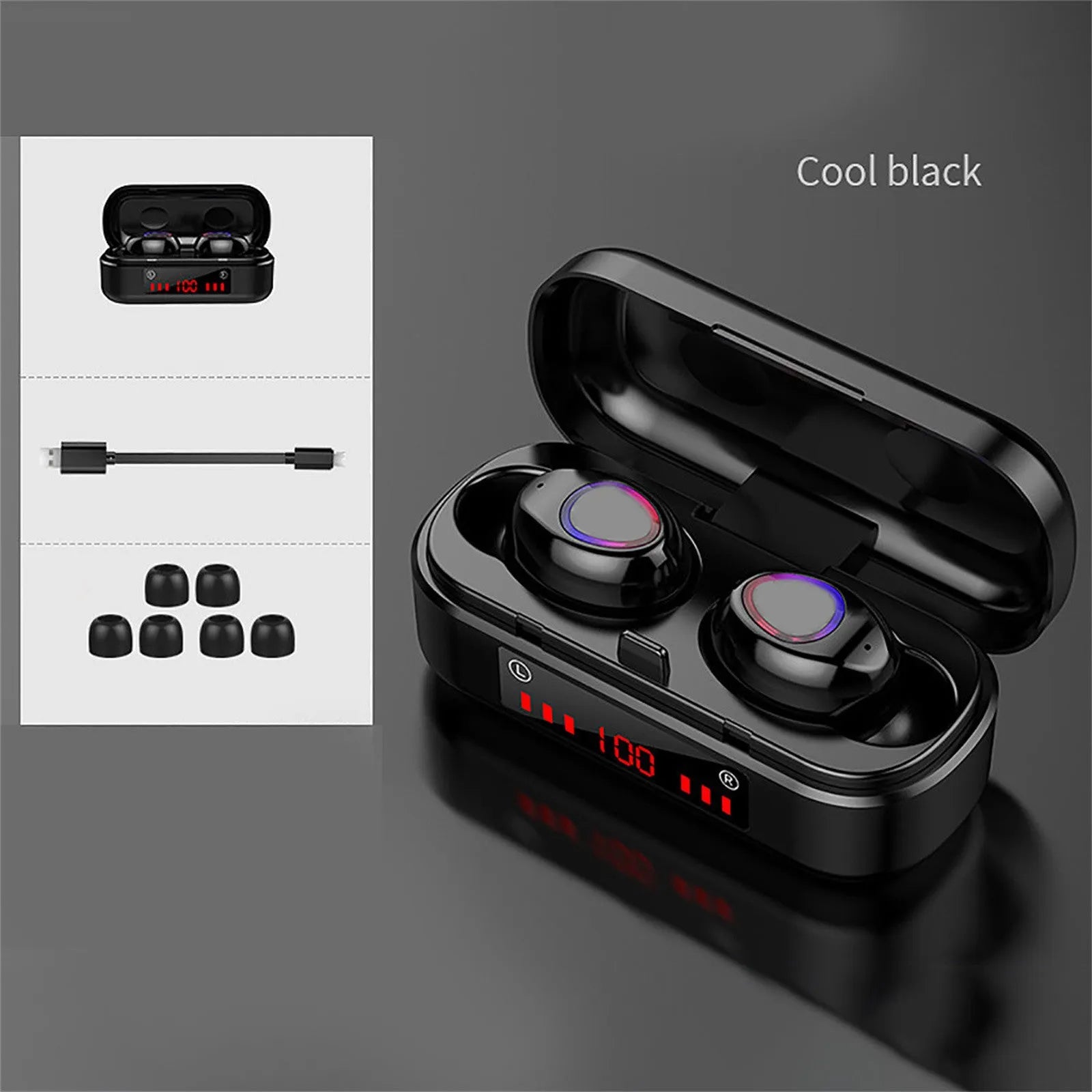V7 LED version true wireless stereo Bluetooth earphones with charging case and silicone ear caps.