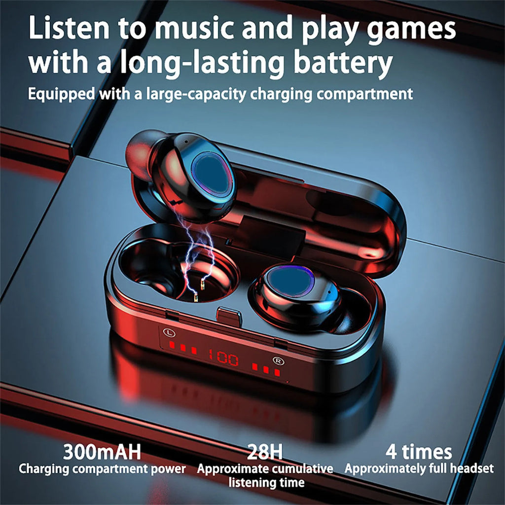 V7 LED version true wireless stereo Bluetooth earphones with charging case and silicone ear caps.