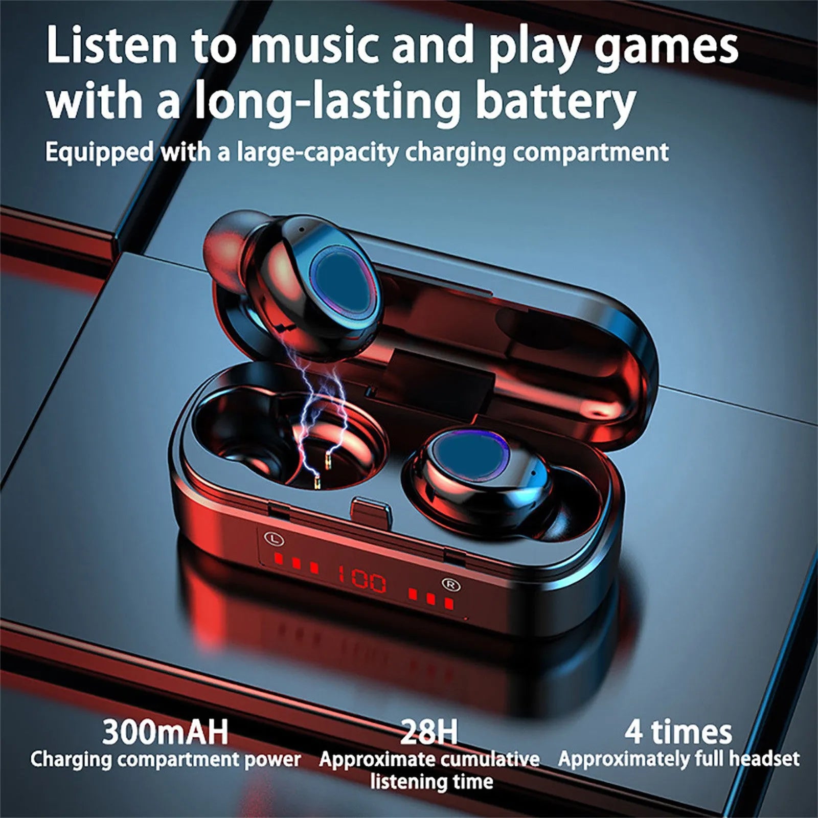 V7 LED version true wireless stereo Bluetooth earphones with charging case and silicone ear caps.