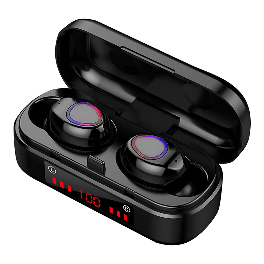 V7 LED version true wireless stereo Bluetooth earphones with charging case and silicone ear caps.