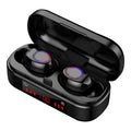 V7 LED version true wireless stereo Bluetooth earphones with charging case and silicone ear caps.
