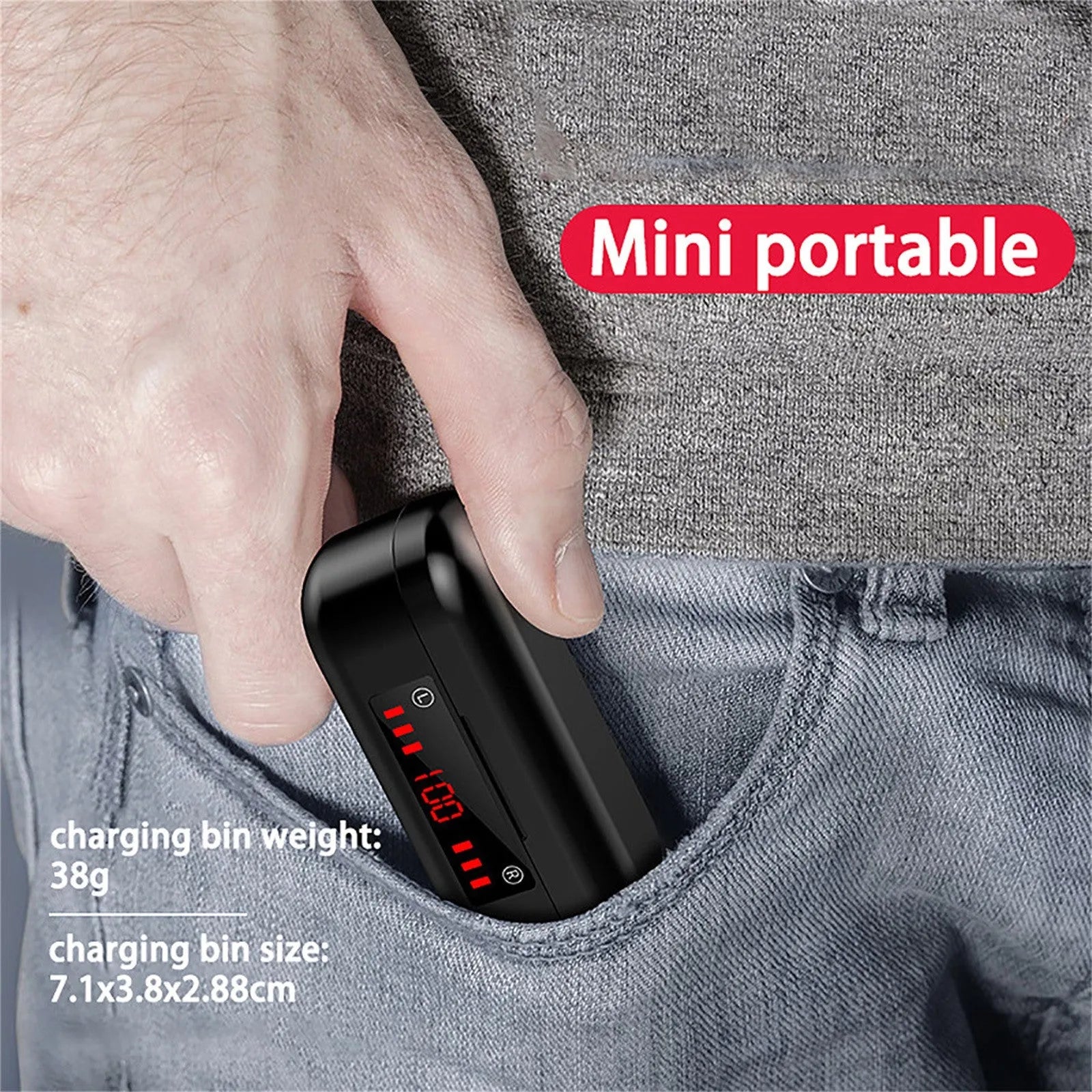 V7 LED version true wireless stereo Bluetooth earphones with charging case and silicone ear caps.