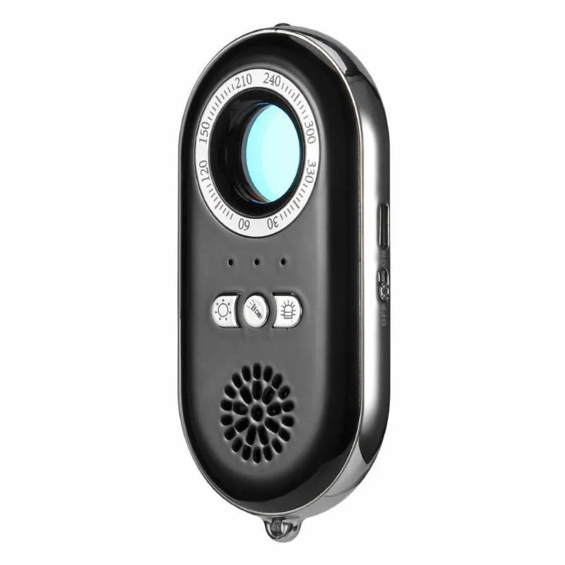 Compact white wireless signal detector with vibration sensor and alarm for travel security.