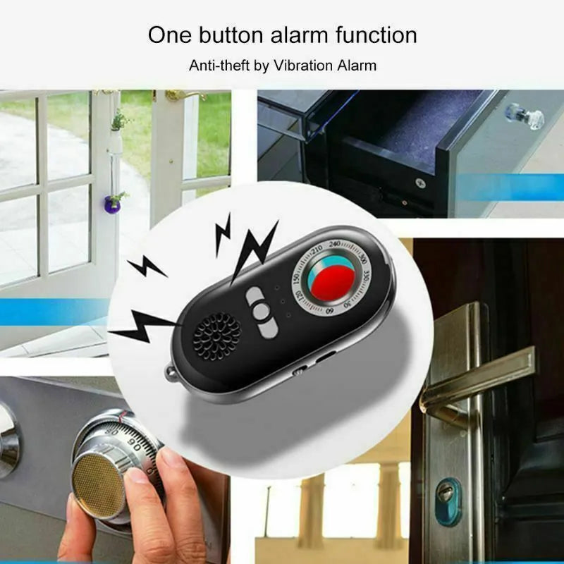 Compact white wireless signal detector with vibration sensor and alarm for travel security.