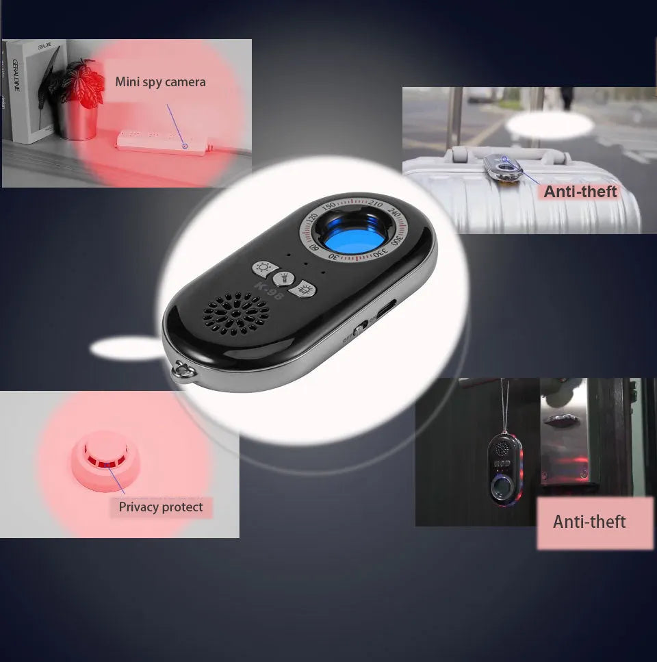 Compact white wireless signal detector with vibration sensor and alarm for travel security.