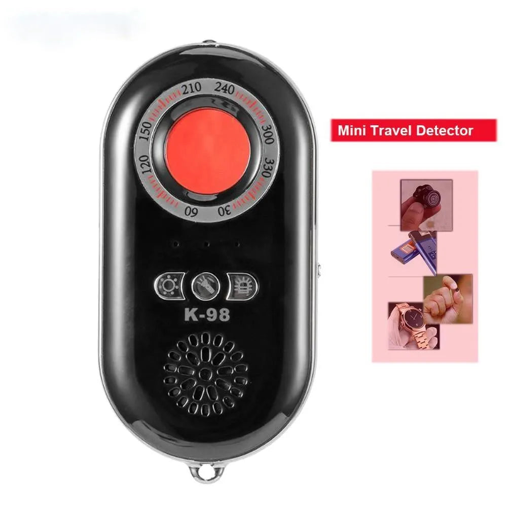 Compact white wireless signal detector with vibration sensor and alarm for travel security.
