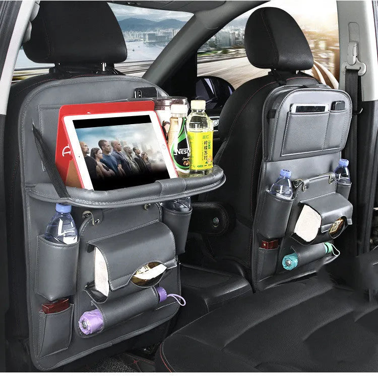 PU leather car seat back organiser bag with multiple pockets and a convertible tissue box bin.