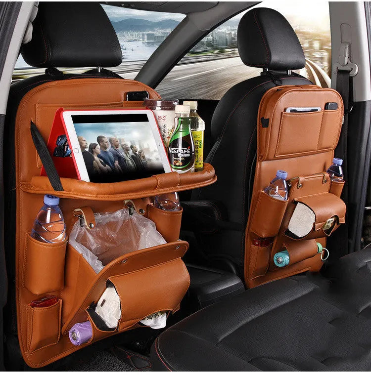 PU leather car seat back organiser bag with multiple pockets and a convertible tissue box bin.
