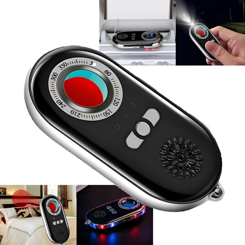 Compact white wireless signal detector with vibration sensor and alarm for travel security.