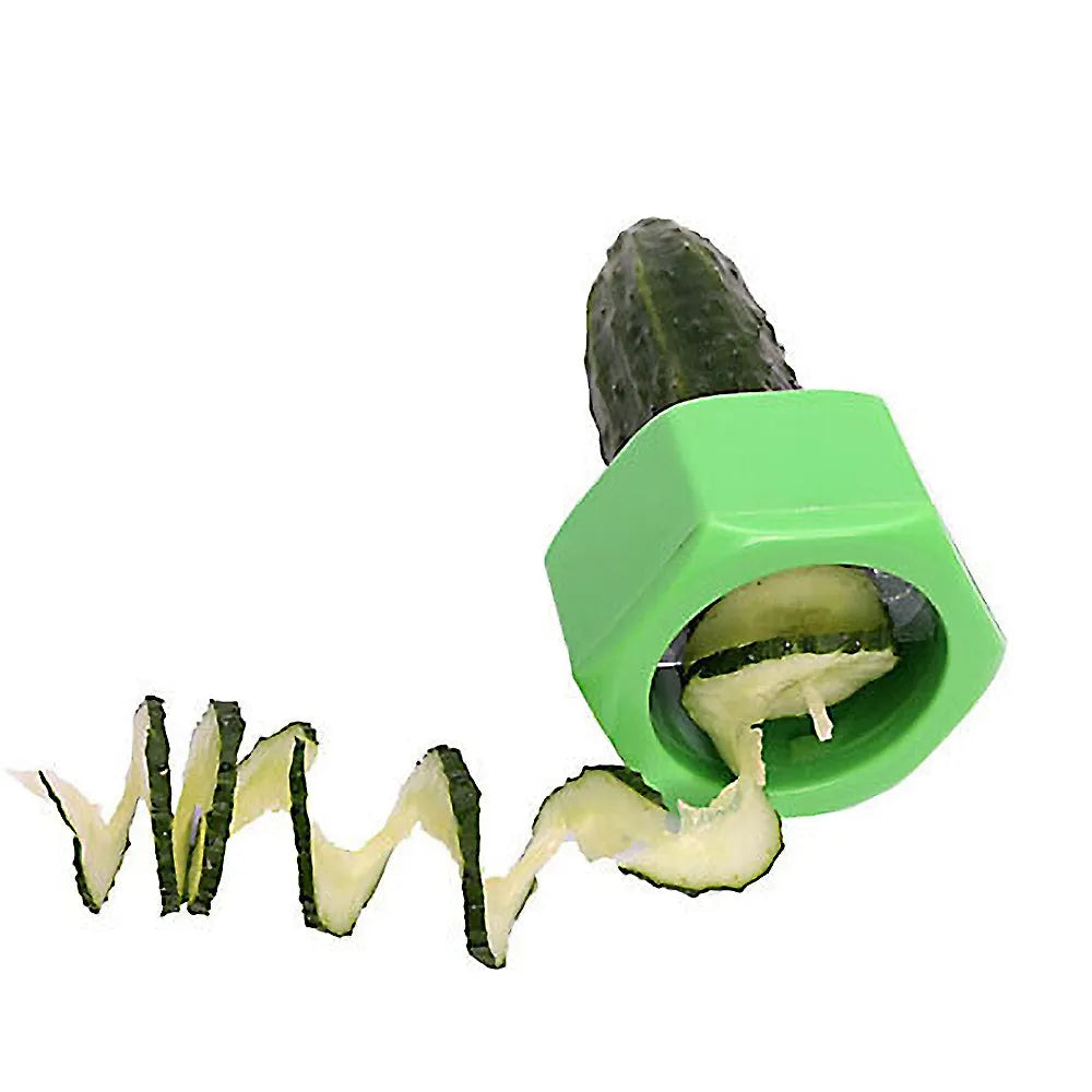Yellow and green spiral vegetable cutter kitchen gadget for slicing cucumbers.