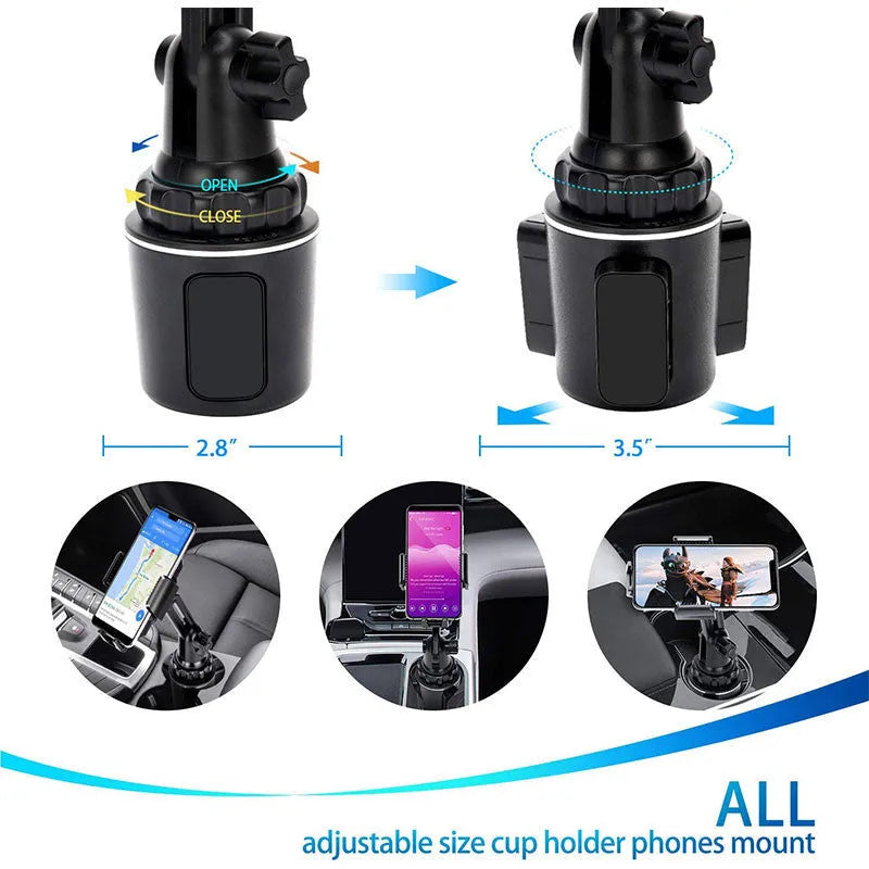 Black ABS car phone holder with 360-degree rotating head and adjustable height on a car dashboard.