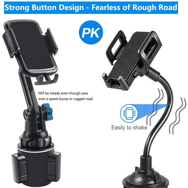 Black ABS car phone holder with 360-degree rotating head and adjustable height on a car dashboard.