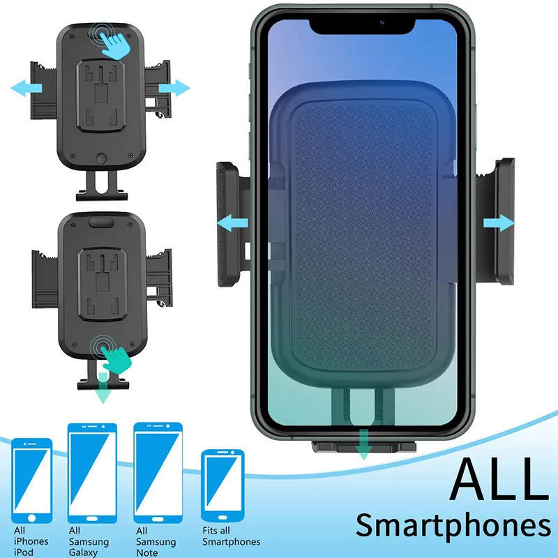 Black ABS car phone holder with 360-degree rotating head and adjustable height on a car dashboard.