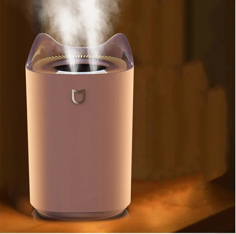 Coral Pink dual spray humidifier with USB cable and three mist outlets