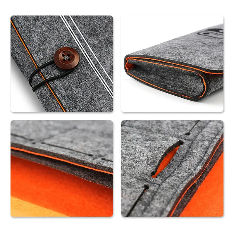 Black felt pouch case for Nintendo Switch open to show console compartment and five game card slots.