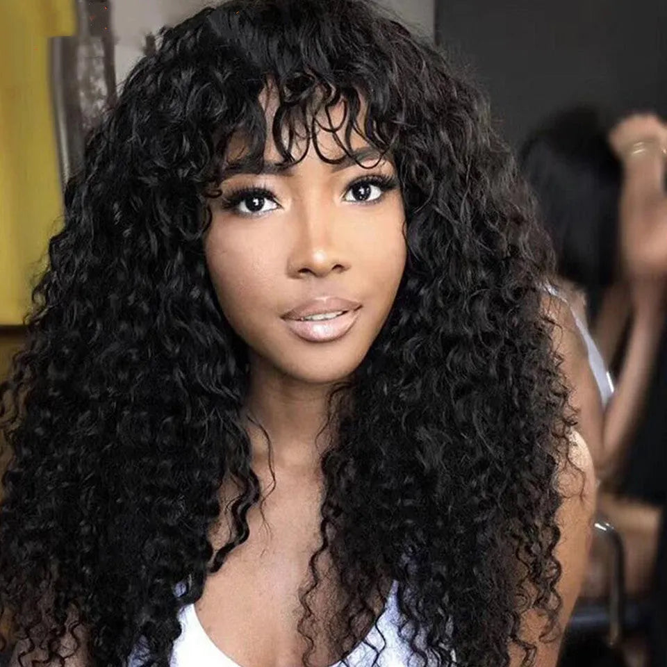 Lady With Little Curly Hair long curly wig with long bangs in black, suitable for any face shape