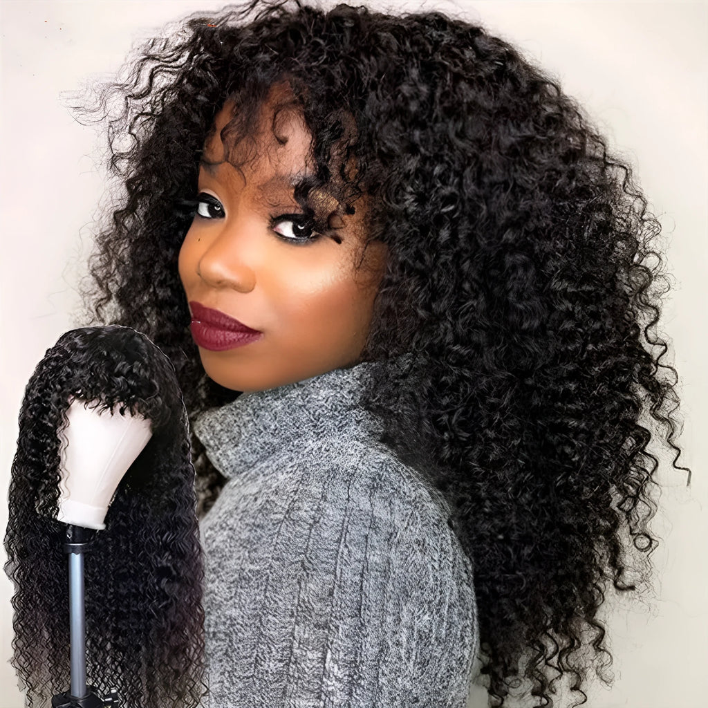 Lady With Little Curly Hair long curly wig with long bangs in black, suitable for any face shape