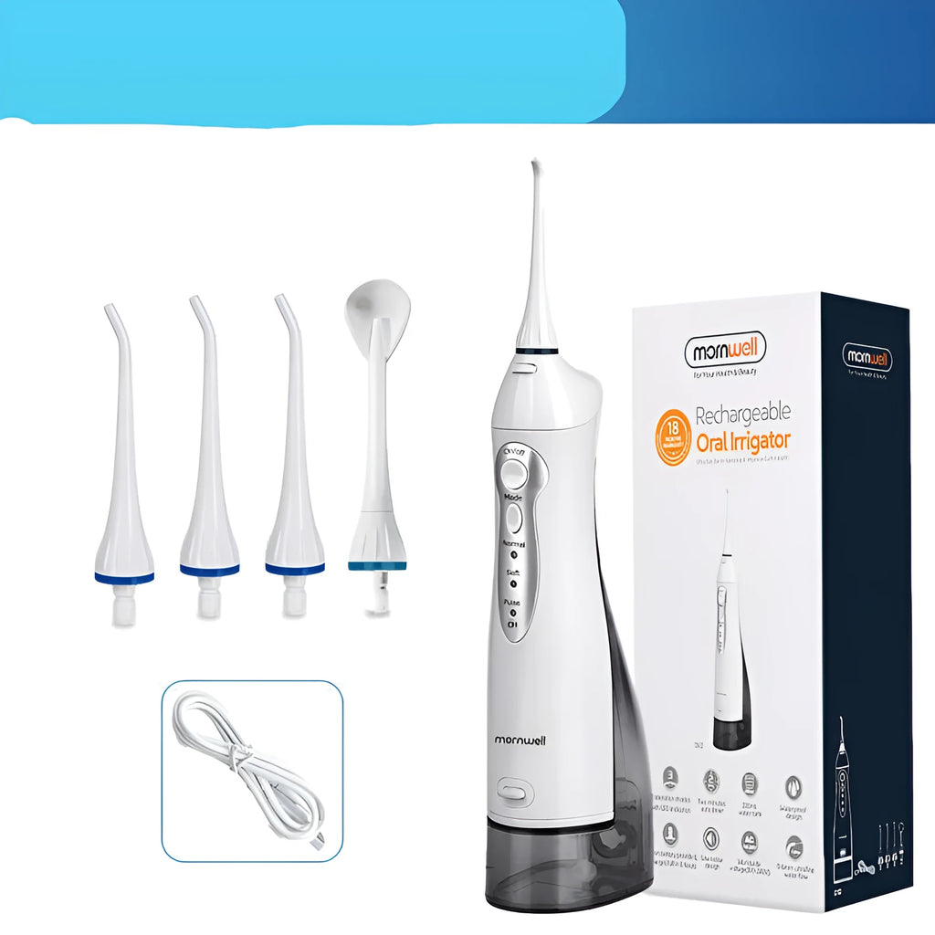 White portable oral irrigator water flosser with a large water tank and multiple nozzles on a bathroom counter.