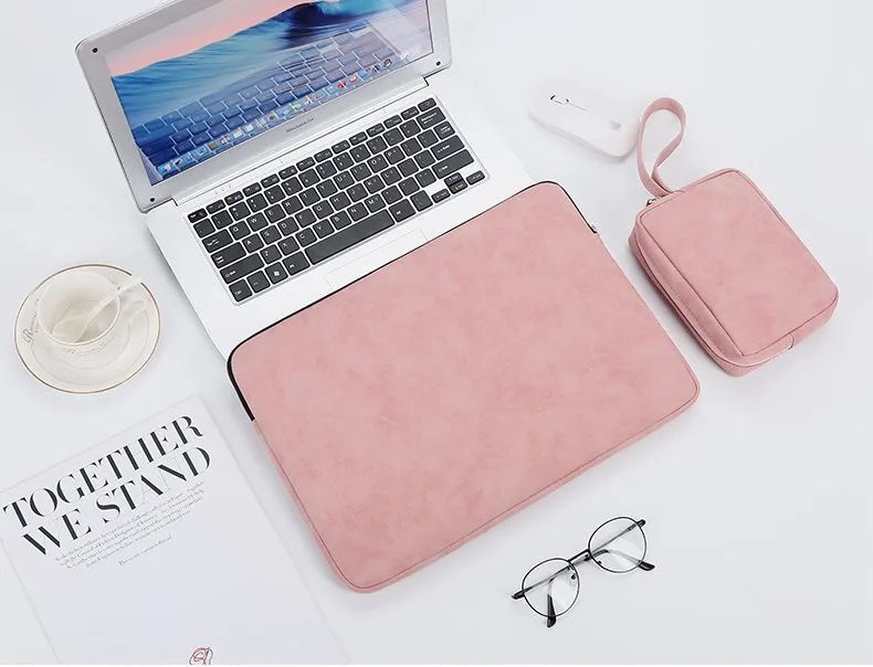 Black PU leather laptop liner bag with zipper opening and soft handle for 13-15.6 inch tablets