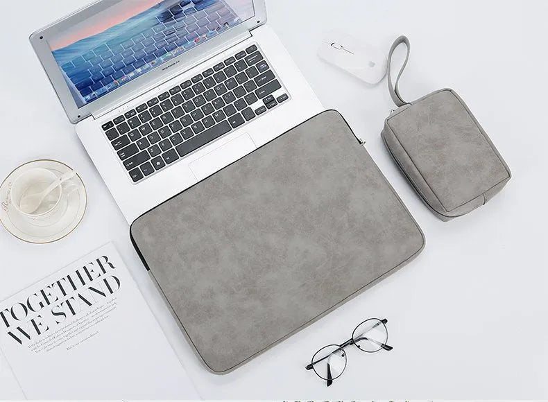 Black PU leather laptop liner bag with zipper opening and soft handle for 13-15.6 inch tablets