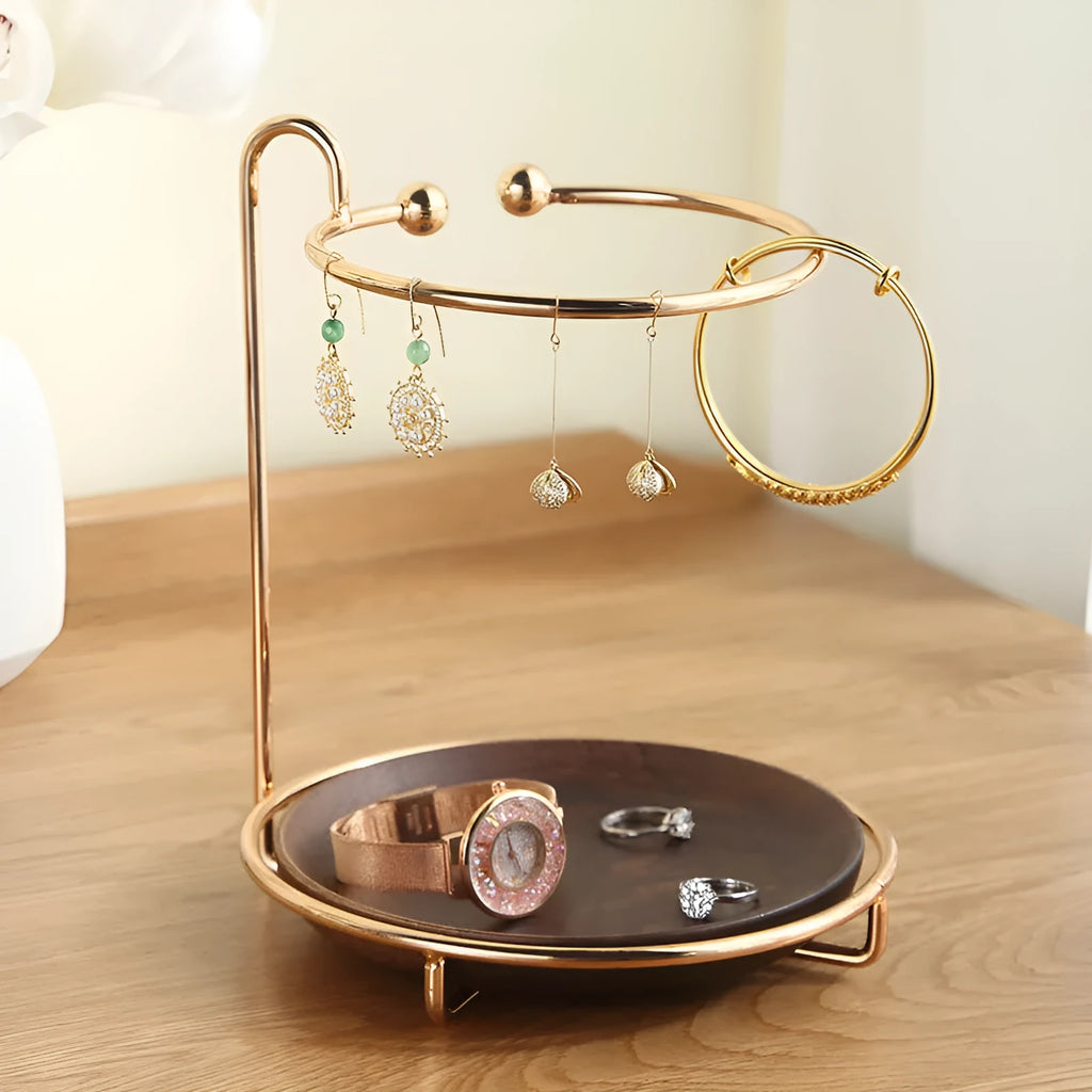 Solid walnut wood key and jewellery rack with metal hooks, 21cm wide.