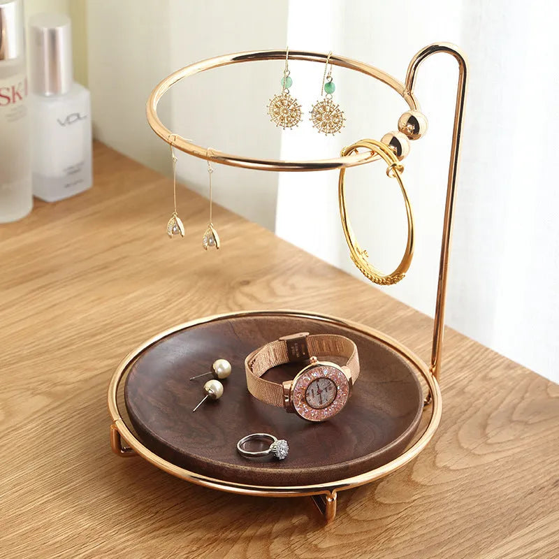 Solid walnut wood key and jewellery rack with metal hooks, 21cm wide.