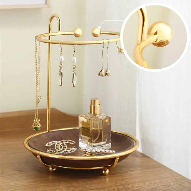 Solid walnut wood key and jewellery rack with metal hooks, 21cm wide.