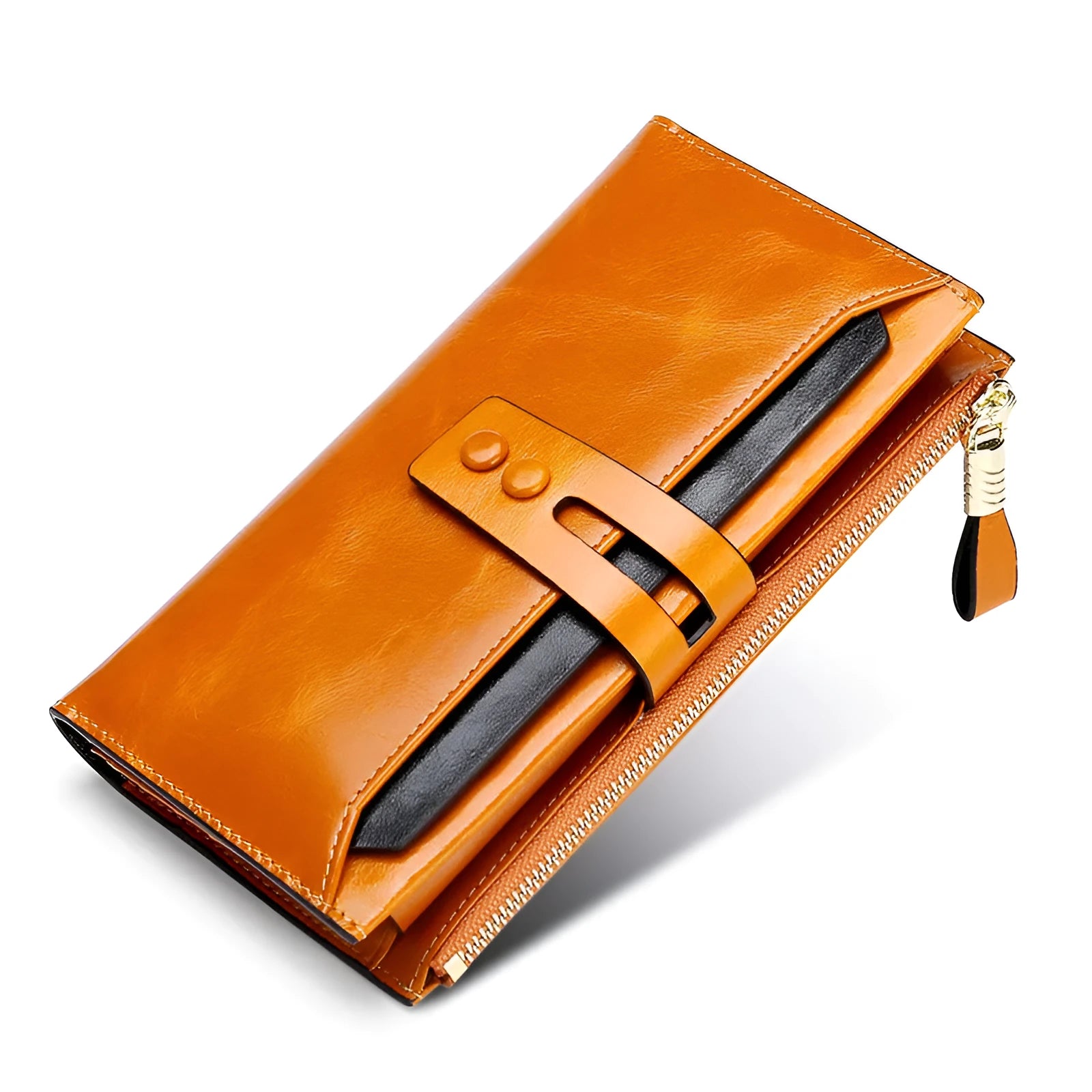 Retro style women's oil wax leather wallet showing multiple card slots, cash clip, and buckle closure in natural yellow colour